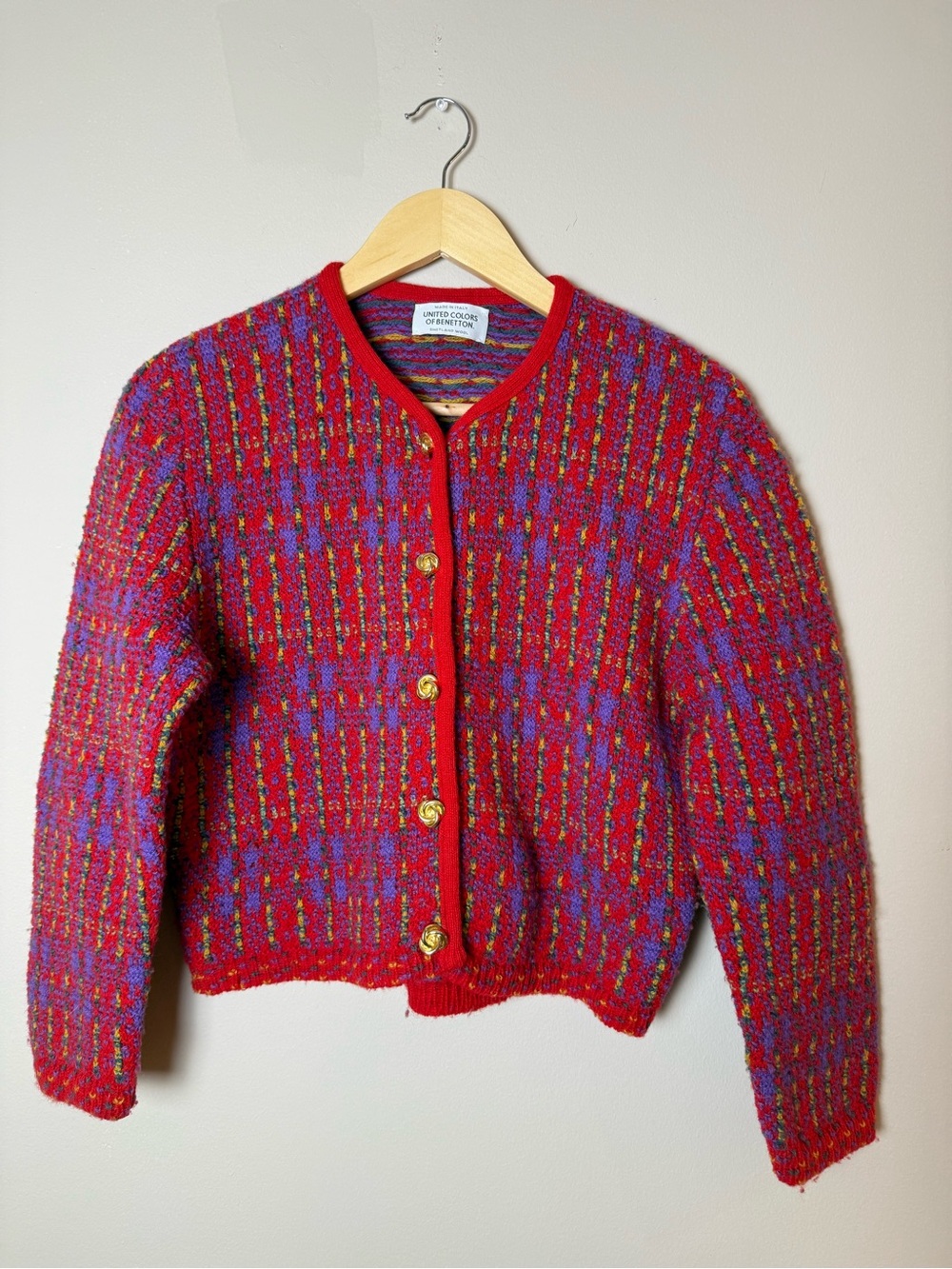 United Colors of Benetton Cardigan Shetland Wool Made In Italy Vintage #Designer
